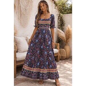 UIMLK Boho Maxi Dress Large Smocked Puff Sleeve Navy Floral Cottagecore Flowy
